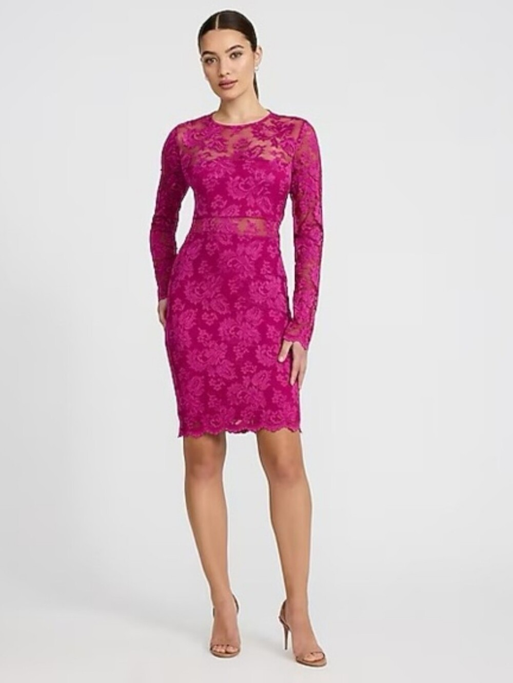 Express Lace Crew Neck Long Sleeve Mini Sheath Dress. Hot Pink. Large Size